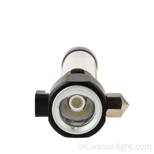 Neue Multifunktion 2 in 1 Taschenlampe und Seite 3 Farbe COB -Notbrenner Licht mit Autoweihhammer und Gürtelschneidemesser